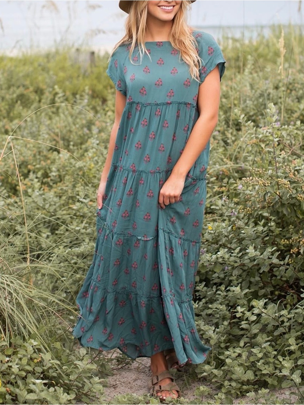 Natural Life Berkley Maxi Dress XS/S Teal Floral Tiered Boho Cottagecore Rayon